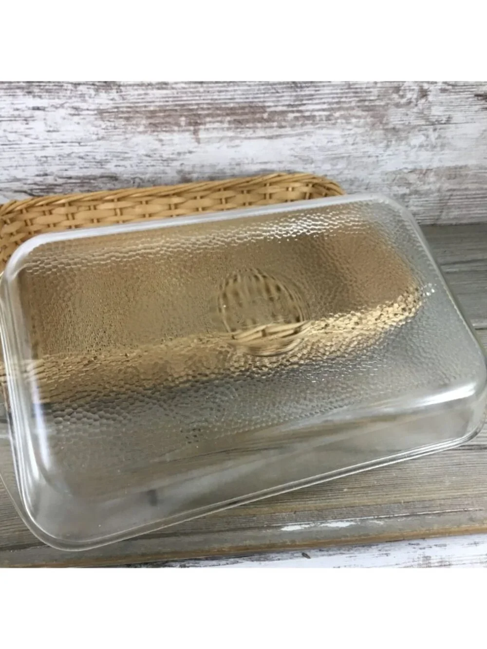 Vintage Glasbake 2½ Qt Rectangular Glass Dish w/ Wicker Basket & Metal Frame